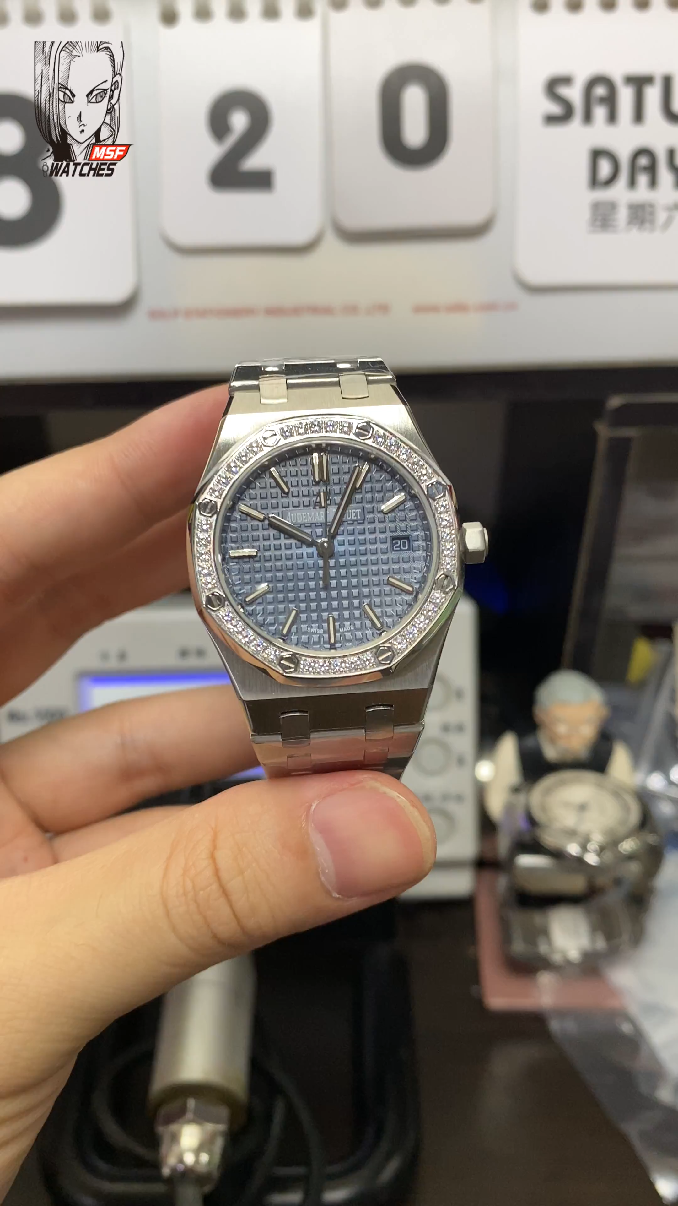 Audemars Piguet Royal Oak Offshore Series 77451ST.ZZ.1361ST.04, Blue Dial Gem-Set Bezel Mechanical Movement, 34mm Size.