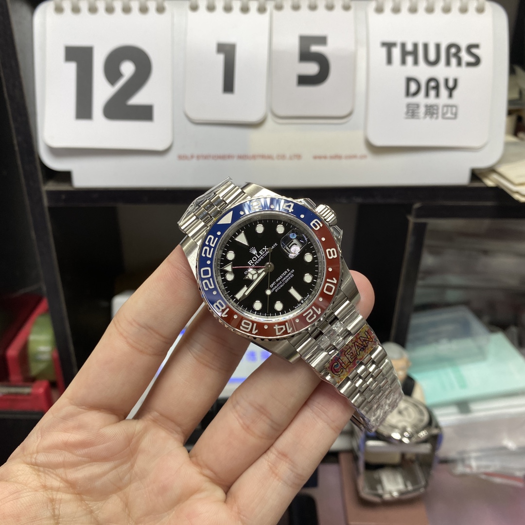 Rolex GMT-Master II series m126710blro-0001, Pepsi bezel features a five-link Jubilee bracelet a red and blue ceramic bezel a black dial and a red GMT hand, 40mm size.