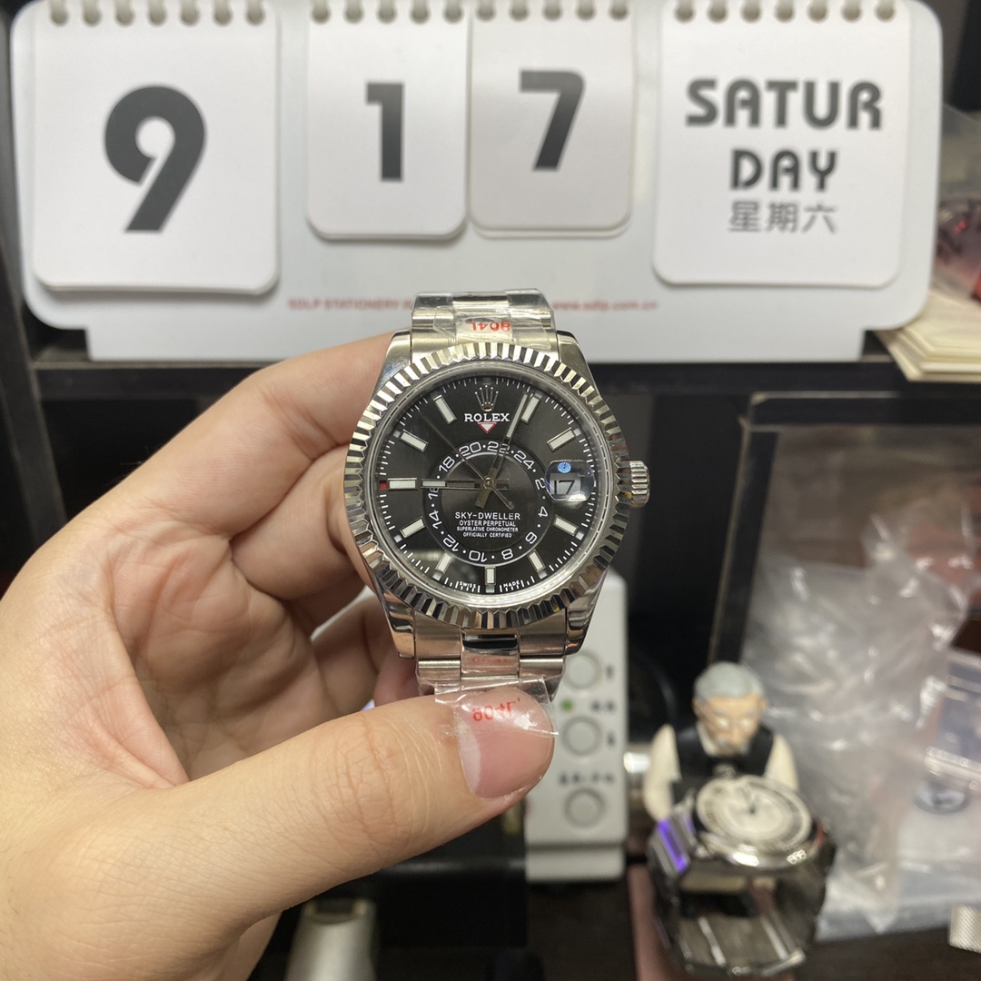 Rolex SKY-DWELLER series m326934-0005, Black Dial Steel Bracelet ,Month Date and GMT Dual Time Zone Functions, 42mm Size.
