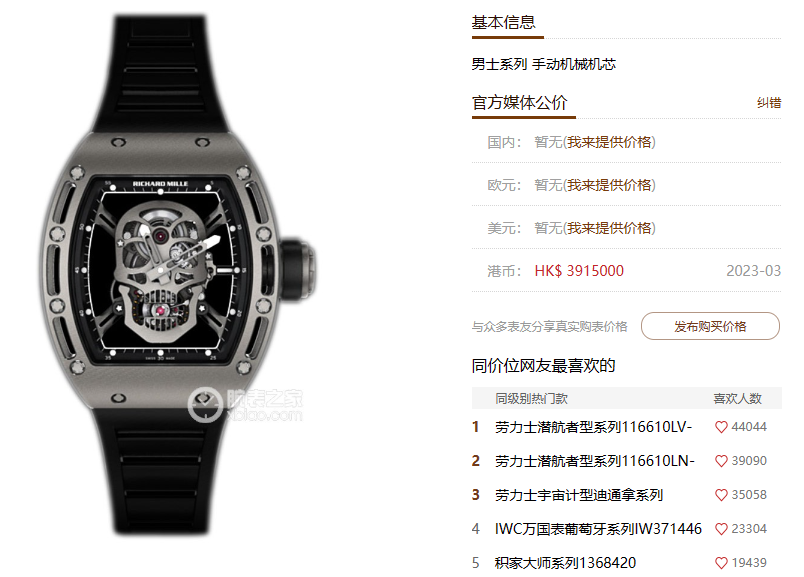 Richard Mille Men's Collection series RM052, Skull Design Black Case Rubber Strap, 42.7×50mm size.