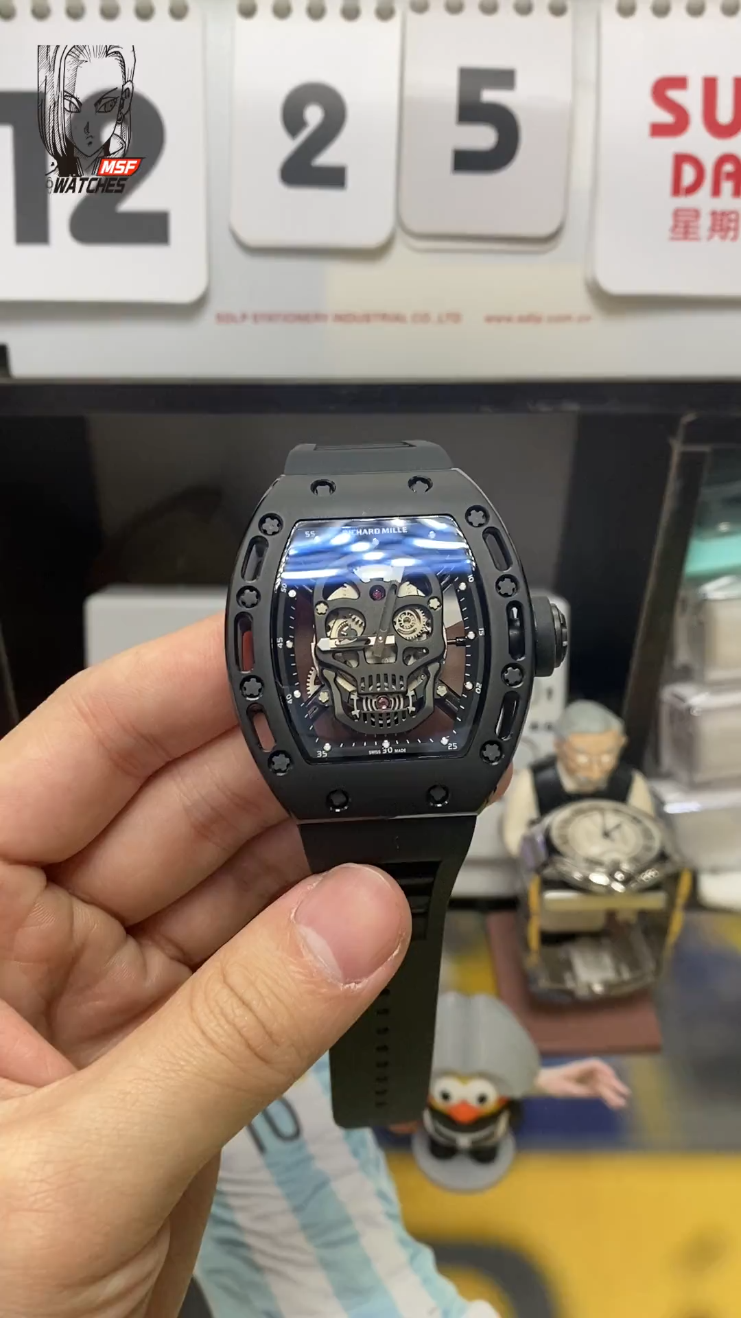 Richard Mille Men's Collection series RM052, Skull Design Black Case Rubber Strap, 42.7×50mm size.