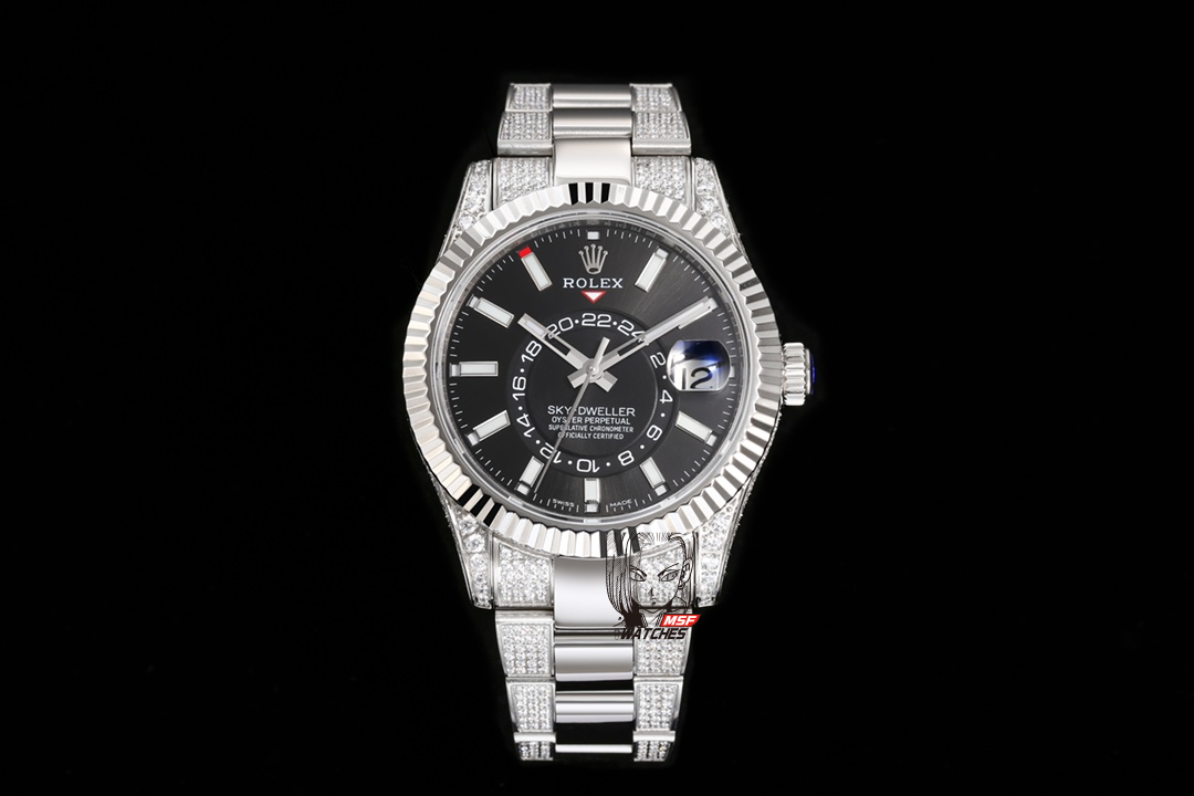 Rolex SKY-DWELLER series Black/BLUE Dial, FULL diamond case,  ,Month Date and GMT Dual Time Zone Functions, 42mm Size.