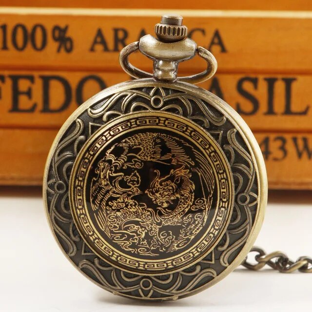 Retro Chinese Style Double Dragons Playing with Beads Quartz Pocket Watch With Chain Necklace Pendant Fob Watches