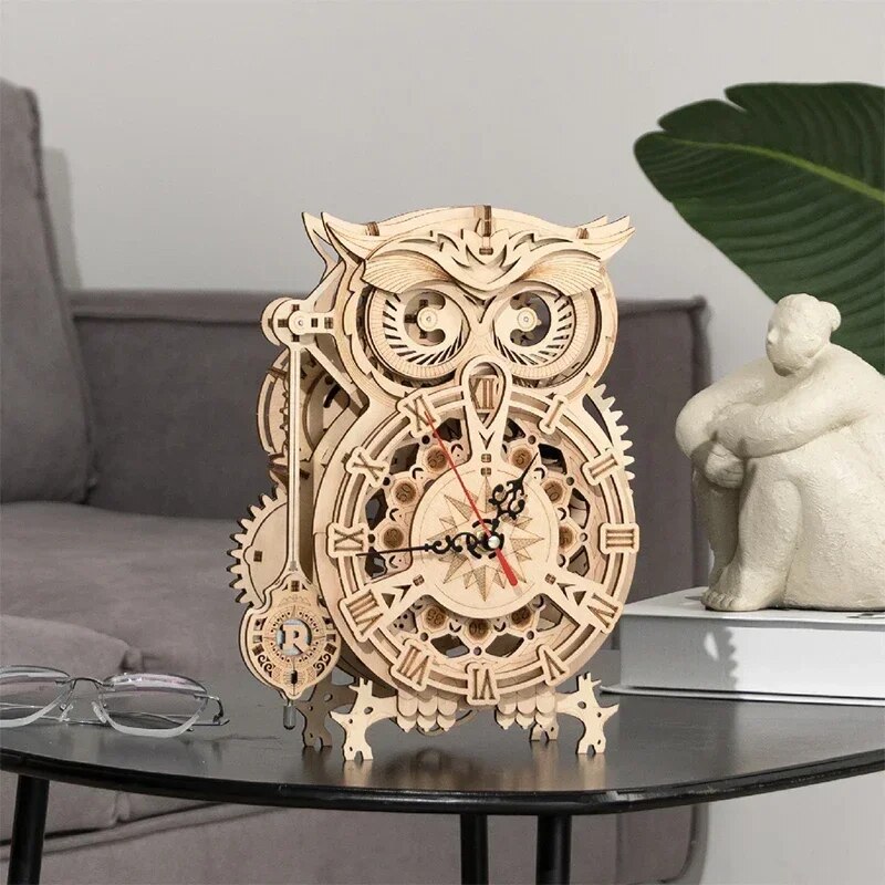 HAND-MADE DIY Wall Clock 18K GOLD Building Block Model Pendulum Clock Handmade Creative Toy Puzzle Watch Childrens Gift 3D Owl Table Clocks