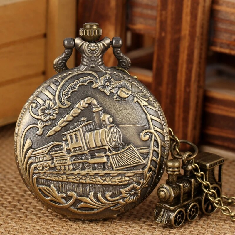 Bronze Train Locomotive Engine Quartz Pocket Watch Retro Necklace Pendant Chain Best Gifts for Men Women with Train Accessory