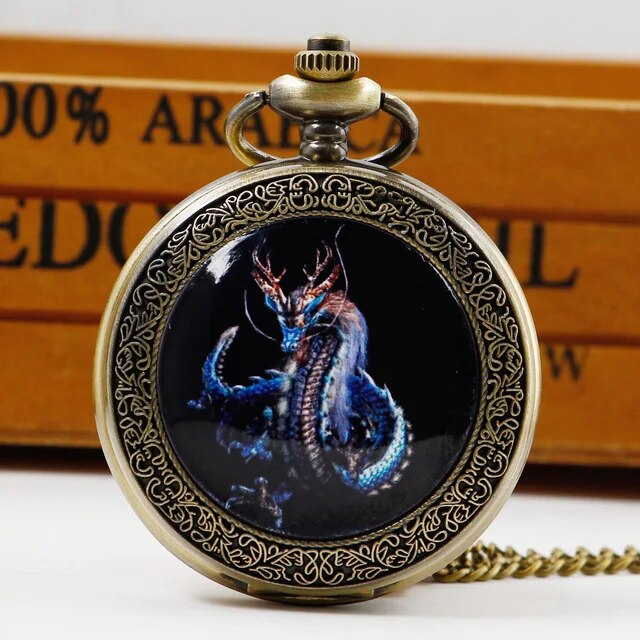 Retro Chinese Style Double Dragons Playing with Beads Quartz Pocket Watch With Chain Necklace Pendant Fob Watches