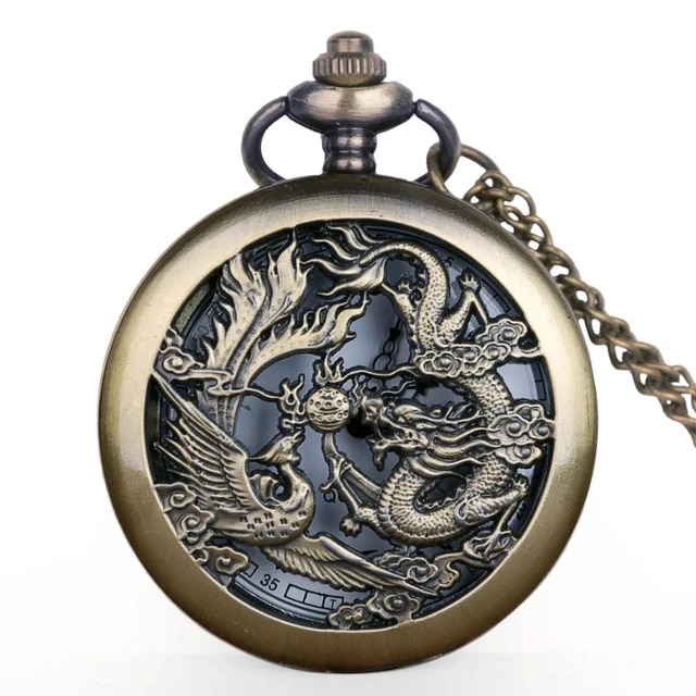 Vintage Bronze Chinese Style Dragon Design Quartz Pocket Watch With Necklace Chain Best Gift CF1039