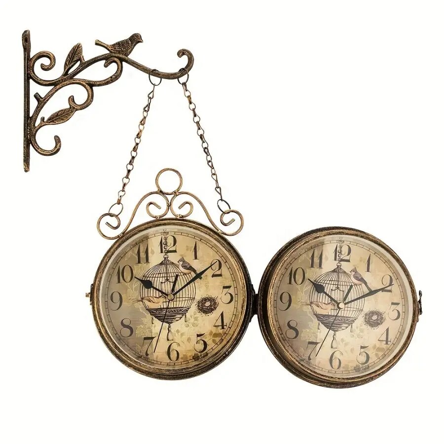 Double Sided Wall Clock Iron Art Clock Living Room Retro Clock Metal Round Battery Powered Silent Clock, Photo Props