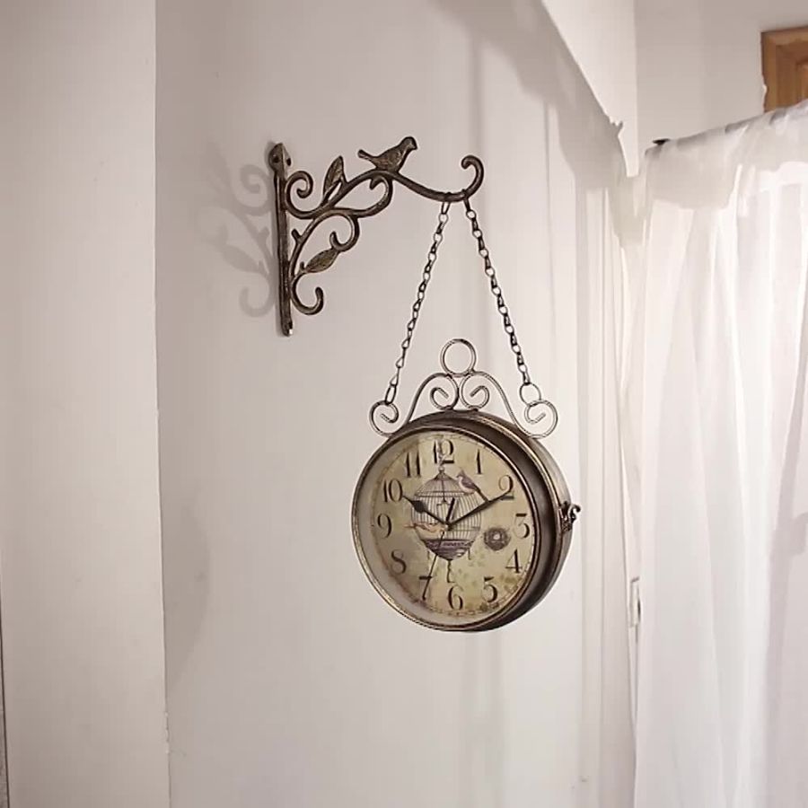 Double Sided Wall Clock Iron Art Clock Living Room Retro Clock Metal Round Battery Powered Silent Clock, Photo Props