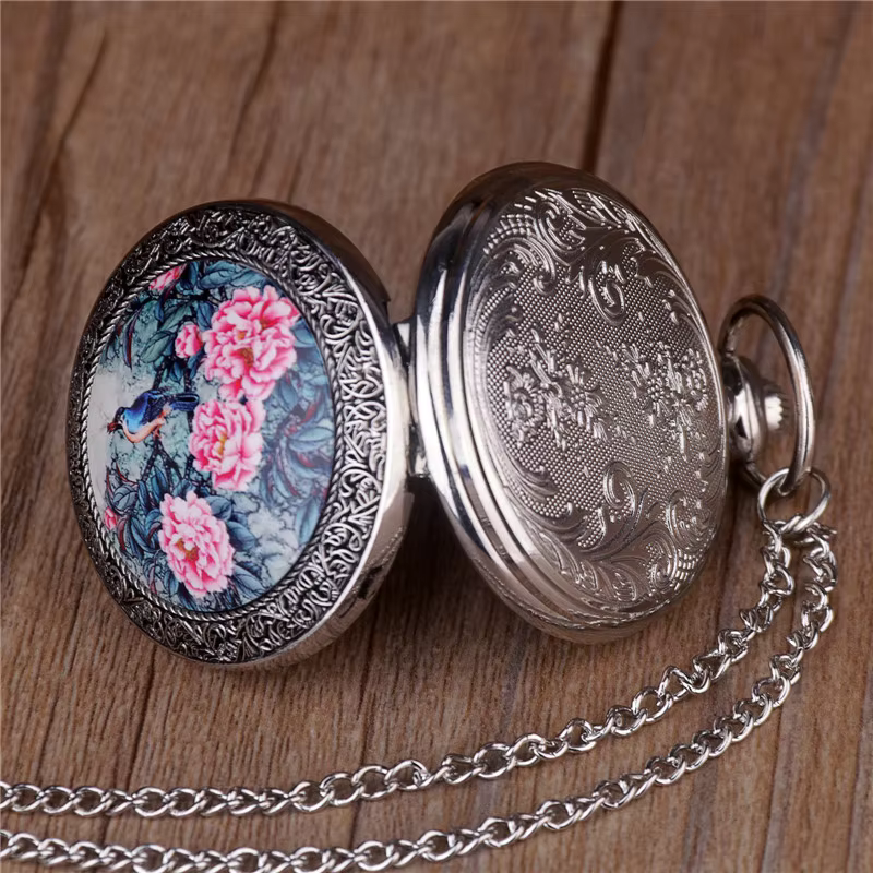 Creative peony flower painted quartz pocket watch fashion silver necklace clock men and women best gift