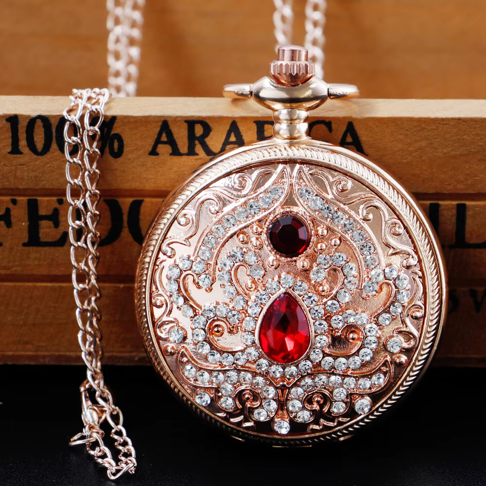 Gold Diamond Design Fashion Quartz Pocket Watch Women's Retro Jewelry Necklace Birthday Timepiece Anniversary Gift XH1007