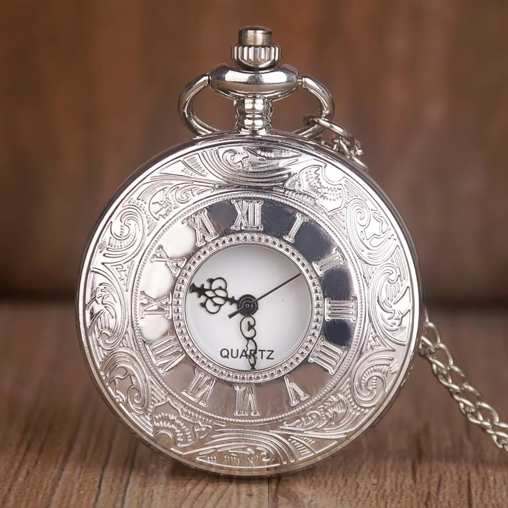 Fashion Silver Hollow Dial Steampunk Quartz Pocket Watch Stainless Steel Pendant Chain Gift for Men Women Friend